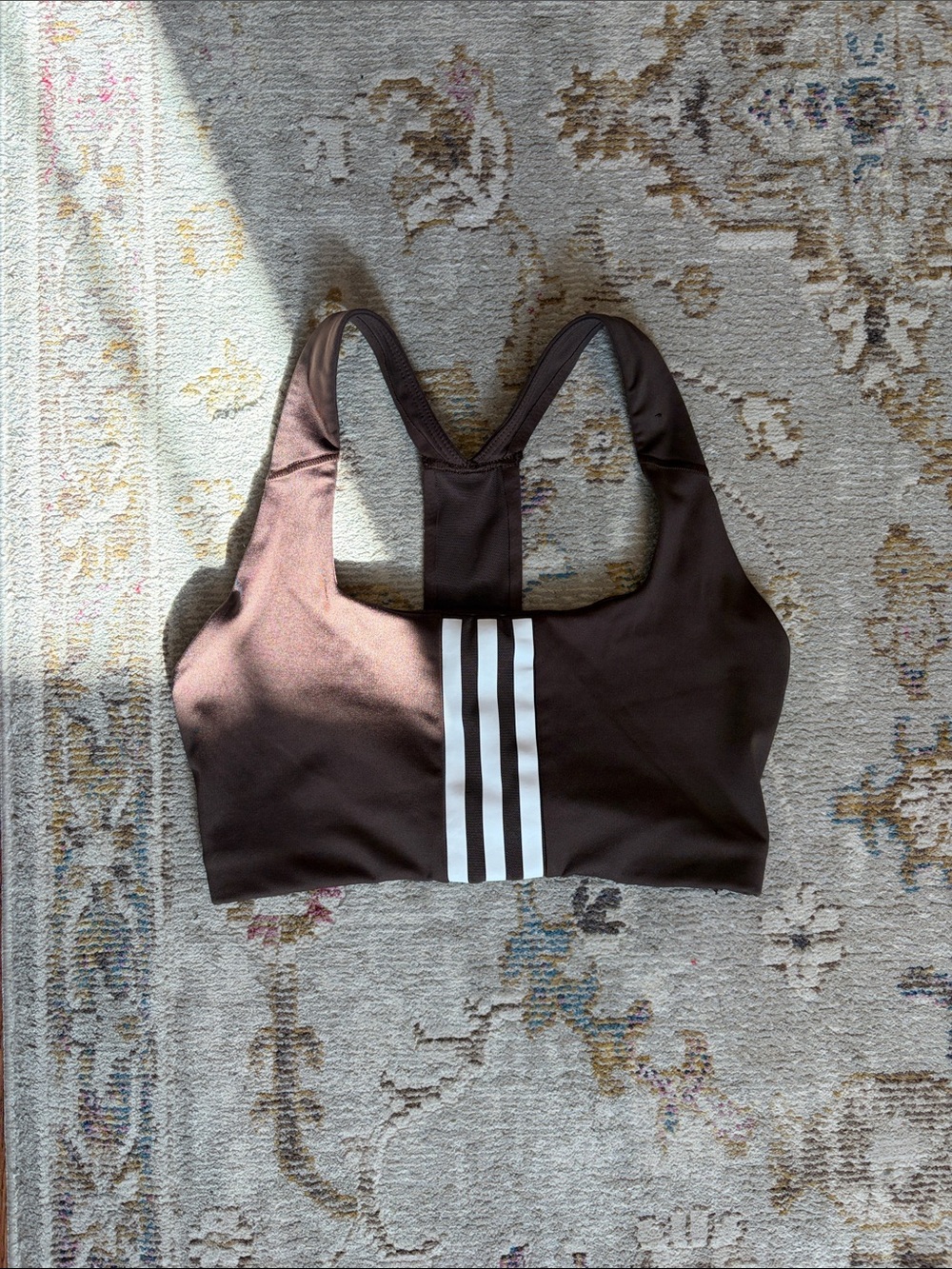adidas Brown Sports Bra with White Three-Stripe Front
